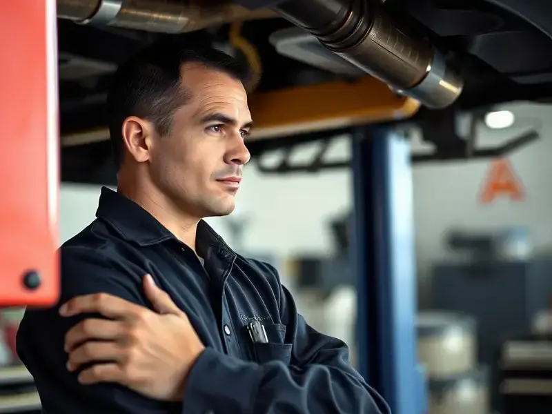 Expert mechanic working on exhaust system